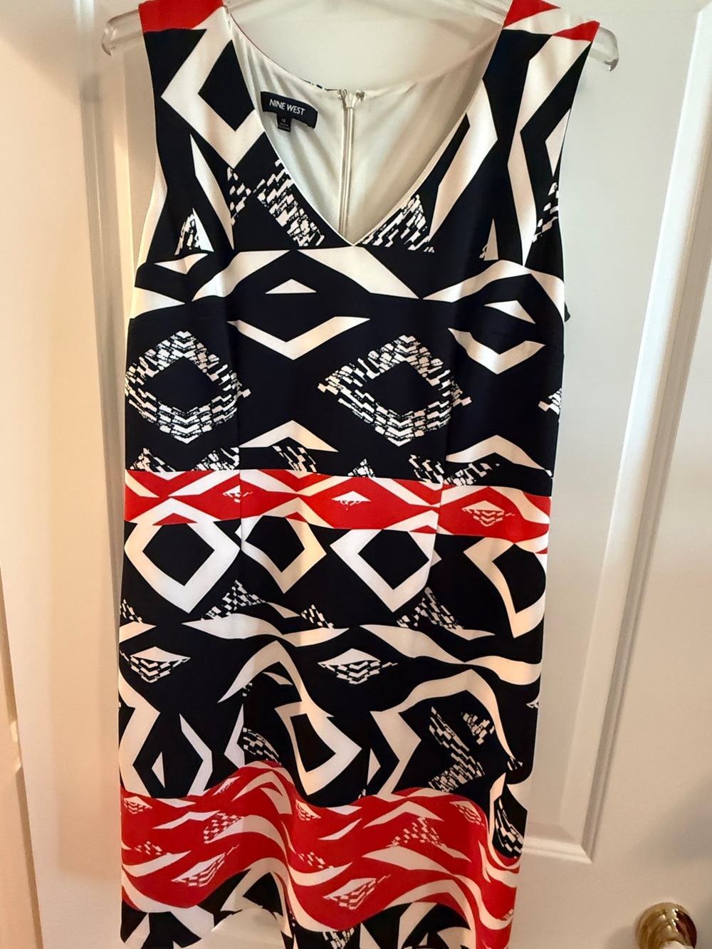 Nine West Black, White & Red Geometric Midi Dress